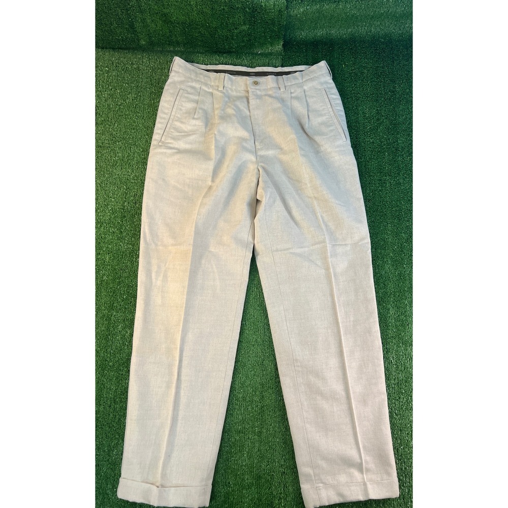 Savane Mens Pleated Linen Cotton Blend Pants Natural Beige 36x31 44600969 Cuffed